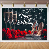 Lofaris Black and Red Happy Birthday Backdrop with Champagne Flutes, Roses, and Glitter High Heels, Elegant Party Decor
