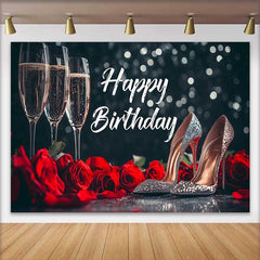 Lofaris Black and Red Happy Birthday Backdrop with Champagne Flutes, Roses, and Glitter High Heels, Elegant Party Decor