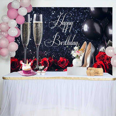 Lofaris Black Glitter Happy Birthday Backdrop with Champagne, Red Roses, and Silver High Heels for Elegant Celebration