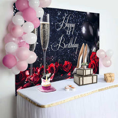 Lofaris Black Glitter Happy Birthday Backdrop with Champagne, Red Roses, and Silver High Heels for Elegant Celebration