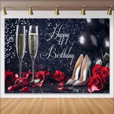 Lofaris Black Glitter Happy Birthday Backdrop with Champagne, Red Roses, and Silver High Heels for Elegant Celebration
