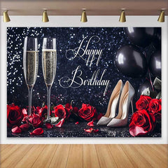 Lofaris Black Glitter Happy Birthday Backdrop with Champagne, Red Roses, and Silver High Heels for Elegant Celebration
