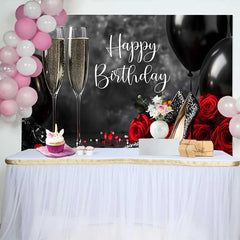 Lofaris Black Red and Gold Happy Birthday Backdrop with Champagne, Glitter Heels and Roses for Elegant Party Celebration