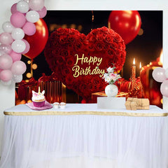 Lofaris Elegant Red Roses Heart Happy Birthday Backdrop with Balloons and Gifts, Romantic Celebration Party Decor