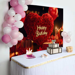 Lofaris Elegant Red Roses Heart Happy Birthday Backdrop with Balloons and Gifts, Romantic Celebration Party Decor