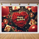 Lofaris Red Roses Heart Happy Birthday Backdrop, Romantic Celebration Party Decor with Balloons and Gifts