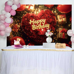 Lofaris Red Roses Heart Happy Birthday Backdrop with Golden Gifts and Balloons, Elegant Celebration Party Decor