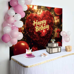 Lofaris Red Roses Heart Happy Birthday Backdrop with Golden Gifts and Balloons, Elegant Celebration Party Decor