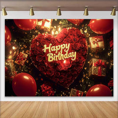 Lofaris Red Roses Heart Happy Birthday Backdrop with Golden Gifts and Balloons, Elegant Celebration Party Decor