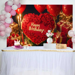 Lofaris Red Heart and Roses Happy Birthday Backdrop, Elegant Gold Gifts and Balloons Party Decor