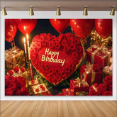 Lofaris Red Heart and Roses Happy Birthday Backdrop, Elegant Gold Gifts and Balloons Party Decor