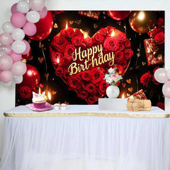 Lofaris Red Roses Heart Happy Birthday Backdrop, Gold Balloons and Gifts for Elegant Party Celebration