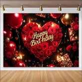 Lofaris Red Roses Heart Happy Birthday Backdrop, Gold Balloons and Gifts for Elegant Party Celebration