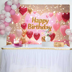 Lofaris Glittery Pink and Gold Heart Balloons Happy Birthday Backdrop, Romantic Celebration Party Decor