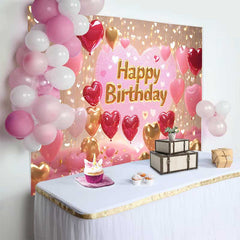 Lofaris Glittery Pink and Gold Heart Balloons Happy Birthday Backdrop, Romantic Celebration Party Decor