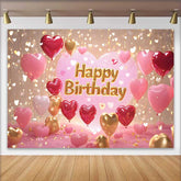 Lofaris Glittery Pink and Gold Heart Balloons Happy Birthday Backdrop, Romantic Celebration Party Decor