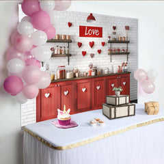 Lofaris Red and White Love Sign and Hearts Party Backdrop, Rustic Brick Wall Valentine's Day Decor