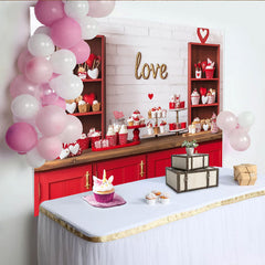 Lofaris Romantic Red and White Hearts Party Backdrop with Gold Love Sign, Valentine's Day Celebration Decor