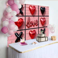 Lofaris Red Heart and Black X Balloons Love Script Party Backdrop, Pink Brick Wall Tic-Tac-Toe Game Theme