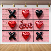 Lofaris Red Heart and Black X Balloons Love Script Party Backdrop, Pink Brick Wall Tic-Tac-Toe Game Theme