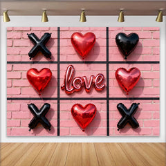 Lofaris Red Heart and Black X Balloons Love Script Party Backdrop, Pink Brick Wall Tic-Tac-Toe Game Theme