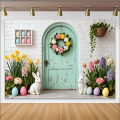 Lofaris Charming Pastel Mint Green Door Party Backdrop with Floral Wreath, Easter Bunnies and Spring Flowers