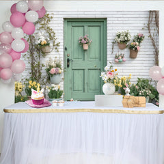 Lofaris Charming Green Door and White Brick Wall Spring Flowers Easter Party Backdrop, Festive Celebration Decor