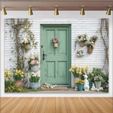 Lofaris Charming Green Door and White Brick Wall Spring Flowers Easter Party Backdrop, Festive Celebration Decor