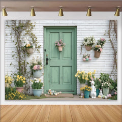 Lofaris Charming Green Door and White Brick Wall Spring Flowers Easter Party Backdrop, Festive Celebration Decor