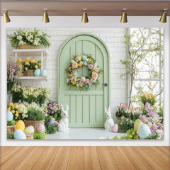 Lofaris Whimsical Pastel Spring Garden Party Backdrop, Green Arched Door with Floral Wreath and Easter Bunnies
