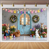Lofaris Charming Rustic Wooden Door Easter Party Backdrop, Colorful Bunny Garland and Spring Flowers for Festive Decor