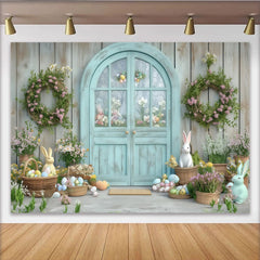Lofaris Pastel Easter Spring Party Backdrop with Rustic Wooden Door, Floral Wreaths and Cute Bunnies
