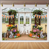 Lofaris Whimsical Easter Spring Garden Party Backdrop, Rustic Greenhouse with Bunnies and Carrots