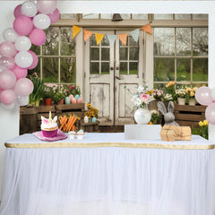 Lofaris Rustic Farmhouse Door Party Backdrop with Spring Flowers, Easter Eggs, and Cute Bunny for Celebration