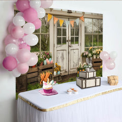 Lofaris Rustic Farmhouse Door Party Backdrop with Spring Flowers, Easter Eggs, and Cute Bunny for Celebration