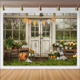 Lofaris Rustic Farmhouse Door Party Backdrop with Spring Flowers, Easter Eggs, and Cute Bunny for Celebration