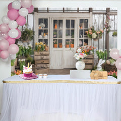 Lofaris Elegant Spring Garden Party Backdrop, White Greenhouse Doors with Easter Bunny and Tulips