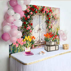 Lofaris Romantischer Hintergrund mit Rosen und Tulpen, Fotokulisse für Frühlingsfeiern, florale Wanddekoration