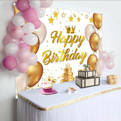 Lofaris Goldener Happy Birthday Hintergrund, Luftballons und Torte für Geburtstage, elegante Fotokulisse