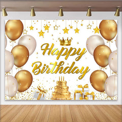 Lofaris Goldener Happy Birthday Hintergrund, Luftballons und Torte für Geburtstage, elegante Fotokulisse