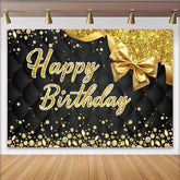 Lofaris Black and Gold Glitter Happy Birthday Party Backdrop, Elegant Diamond Quilted Decor