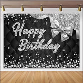 Lofaris Black Silver Glitter Happy Birthday Party Backdrop with Elegant Diamonds and Bow, for Celebration Decor