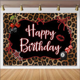 Lofaris Leopard Print Happy Birthday Party Backdrop with Cherries, Dice and 8-Ball, Glamorous Celebration Decor