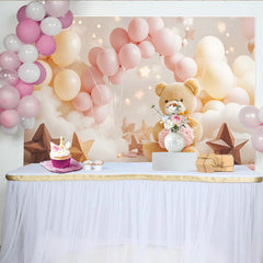 Lofaris Cute Teddy Bear Baby Shower Backdrop with Pink and Cream Balloons, Dreamy Cloud Star Photography Background for Newborn Party