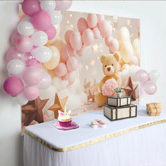 Lofaris Cute Teddy Bear Baby Shower Backdrop with Pink and Cream Balloons, Dreamy Cloud Star Photography Background for Newborn Party