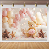 Lofaris Cute Teddy Bear Baby Shower Backdrop with Pink and Cream Balloons, Dreamy Cloud Star Photography Background for Newborn Party