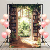Lofaris Sunny Library Bookshelf Backdrop, Spring Garden View through Arch Window for Reading Room Decor