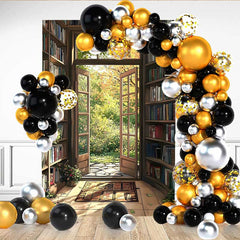 Lofaris Vintage Library Bookshelf Backdrop, Open French Door to Autumn Garden for Book Lovers Party