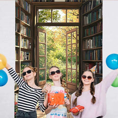 Lofaris Vintage Library Bookshelf Backdrop, Open French Door to Autumn Garden for Book Lovers Party