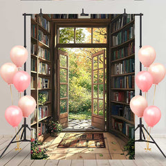 Lofaris Vintage Library Bookshelf Backdrop, Open French Door to Autumn Garden for Book Lovers Party